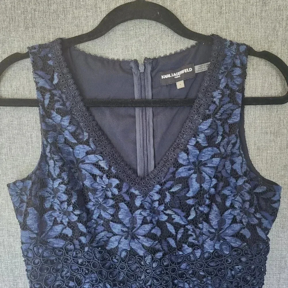 Karl Lagerfeld Cocktail Shift Dress Size 4 Blue & Black Lace Back Zip V-Neck - Picture 6 of 9